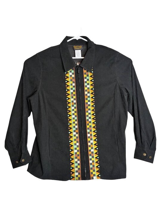 Bob Mackie Tops - Bob Mackie Wearable Art Black Embroidered Zip Front Shirt With Horse Design 1X